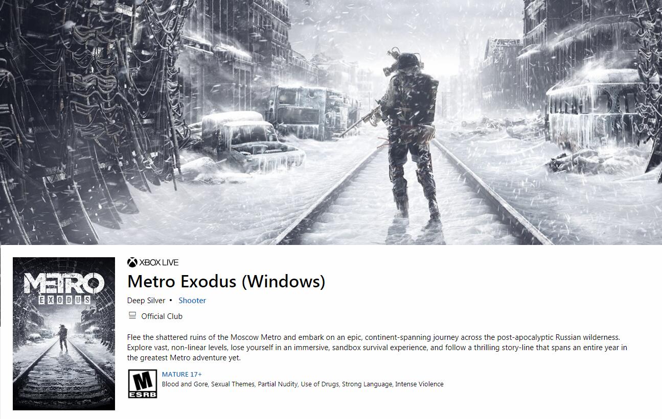 微软商城上线PC版《地铁：逃离》页面 Epic独占将结束？